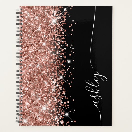 Glittery Rose Gold Glam Black Elegantes Script Planer (Vorderseite)