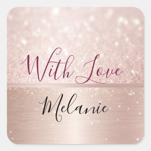 Glittery Rose Gold Glam Metallic Name Quadratischer Aufkleber (Vorderseite)
