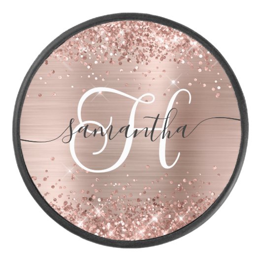 Glittery Rose Gold Glam Mit Monogramm Eishockey Puck (Vorderseite)