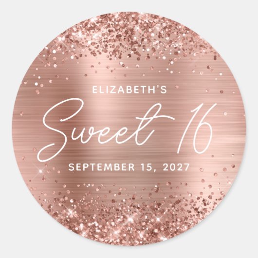 Glittery Rose Gold Glam Modernes Script Sweet 16 Runder Aufkleber (Vorderseite)