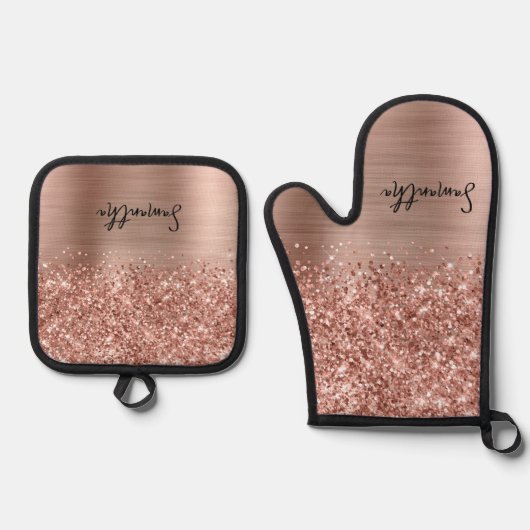 Glittery Rose Gold Glam Name Ofenhandschuh & Topflappen-Set (Vorderseite)