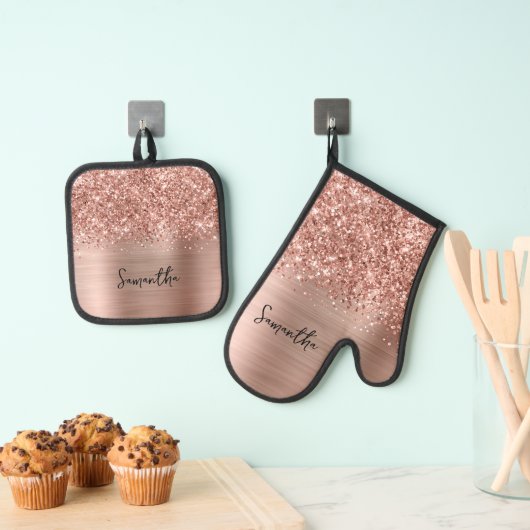 Glittery Rose Gold Glam Name Ofenhandschuh & Topflappen-Set (Insitu (Hängend))