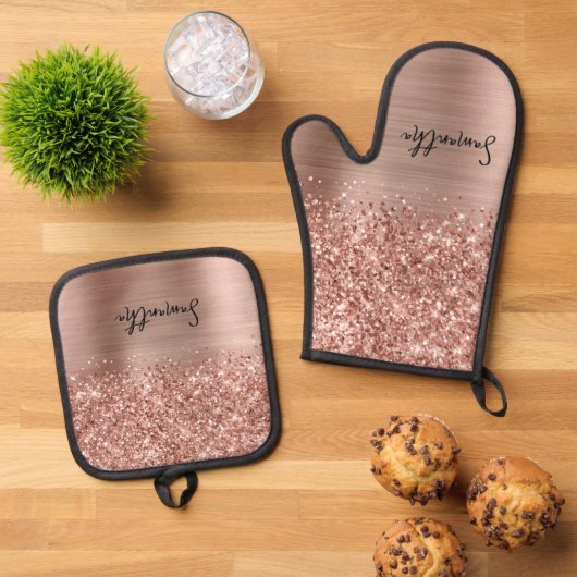 Glittery Rose Gold Glam Name Ofenhandschuh & Topflappen-Set (Oben Unten)