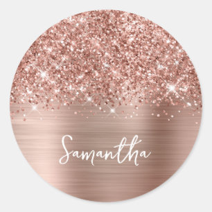 Glittery Rose Gold Glam Name Runder Aufkleber