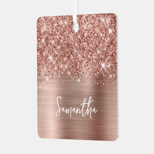 Glittery Rose Gold Glam Name Square Foto Ornament Aus Metall (Vorderseite links)