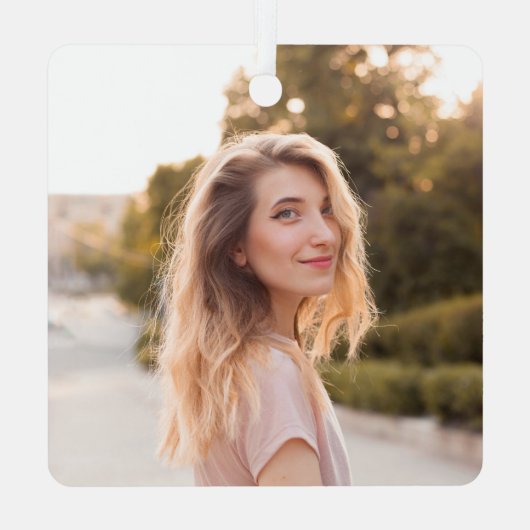 Glittery Rose Gold Glam Name Square Foto Ornament Aus Metall (Rückseite)