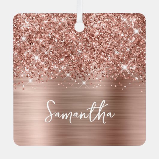 Glittery Rose Gold Glam Name Square Foto Ornament Aus Metall (Vorderseite)
