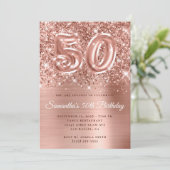 Glittery Rose Gold Glam Nummer 50. Geburtstag Einladung (Stehend Vorderseite)