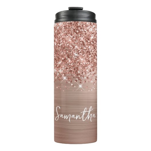 Glittery Rose Gold Glam Personalisierter Name Thermosbecher (Vorderseite)