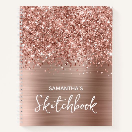 Glittery Rose Gold Glam Sketchbook mit Name Notizblock (Vorderseite)