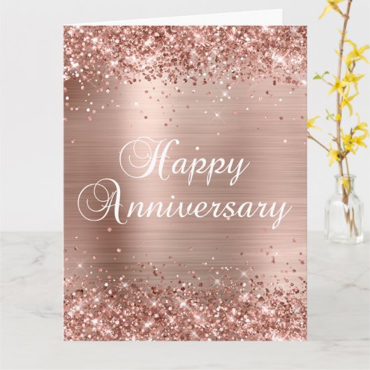 Glittery Rose Gold Happy Jubiläum Karte (Gelbe Blume)