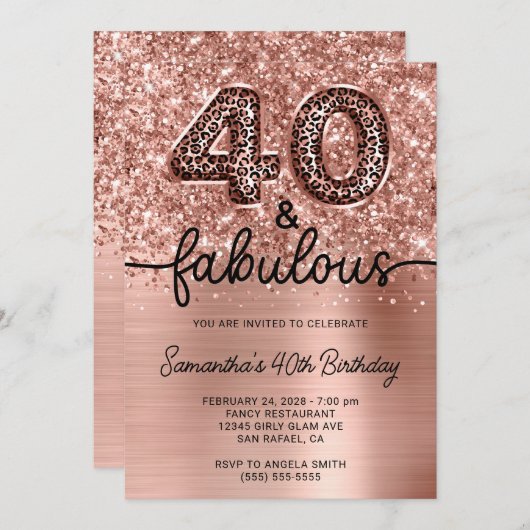Glittery Rose Gold Leopard 40 und fabelhaft Einladung (Vorne/Hinten)