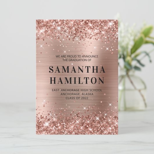 Glittery Rose Gold Ombre Foil Abschluss Ankündigung (Stehend Vorderseite)