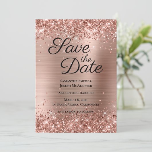 Glittery Rose Gold Ombre Foil Save The Date (Stehend Vorderseite)