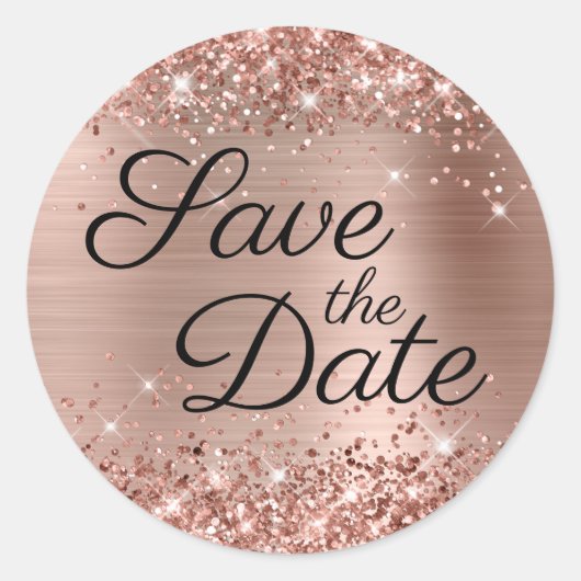 Glittery Rose Gold Schwarz Save the Date Runder Aufkleber (Vorderseite)