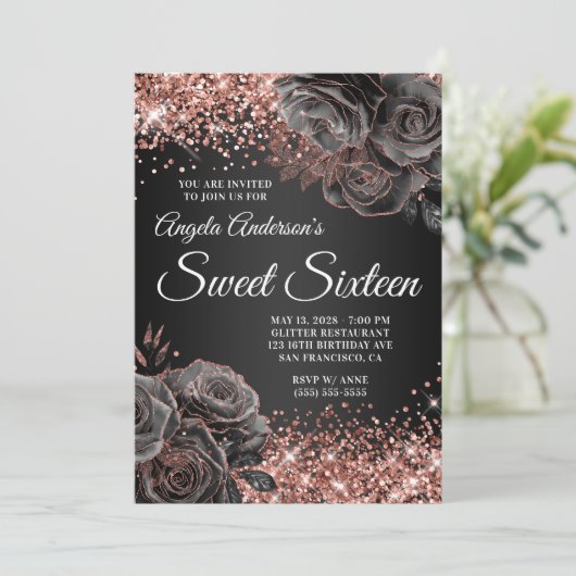 Glittery Rose Gold Schwarzer Blumenglam 16 . Gebur Einladung (Stehend Vorderseite)