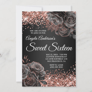 Glittery Rose Gold Schwarzer Blumenglam 16 . Gebur Einladung