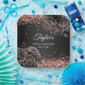 Glittery Rose Gold Schwarzer Blumenglam 16 . Gebur Pappteller (Party)