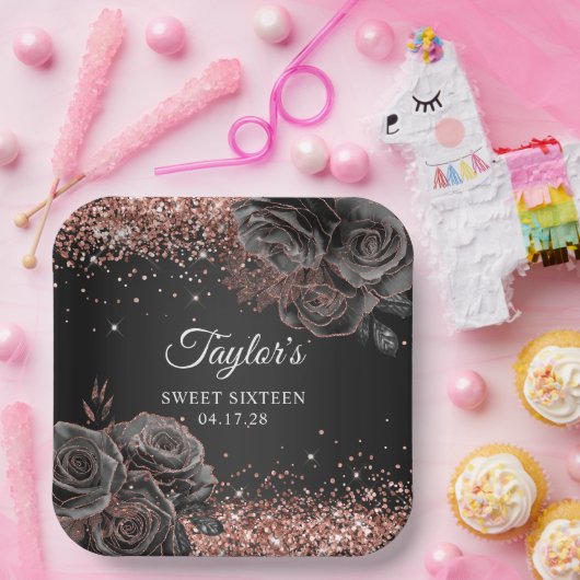 Glittery Rose Gold Schwarzer Blumenglam 16 . Gebur Pappteller (Party)