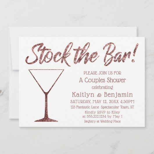 Glittery Rose Gold Stock Bar Couples Dusche Einladung (Vorderseite)