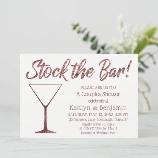 Glittery Rose Gold Stock Bar Couples Dusche Einladung (Stehend Vorderseite)