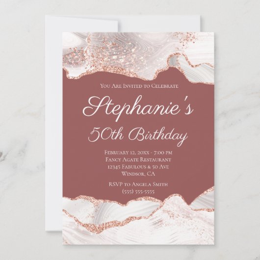 Glittery Rose Gold White Agate 50th Birthday Brick Einladung (Vorderseite)