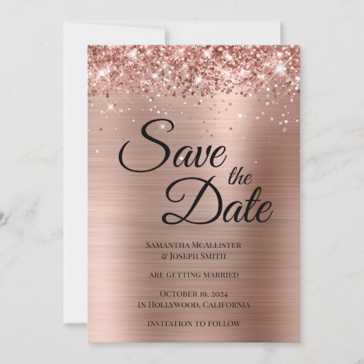 Glittery Rose Goldene Fohlen Extravagantes Skript Save The Date (Vorderseite)