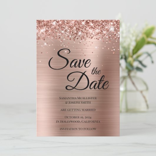 Glittery Rose Goldene Fohlen Extravagantes Skript Save The Date (Stehend Vorderseite)