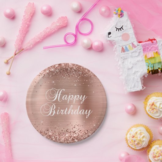 Glittery Rose Goldene Foil Happy Birthday Pappteller (Party)