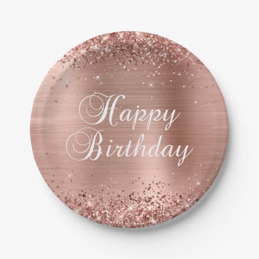 Glittery Rose Goldene Foil Happy Birthday Pappteller (Vorderseite)