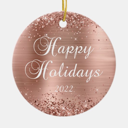 Glittery Rose Goldenes Foil Happy Holidays Foto Keramik Ornament (Vorne)