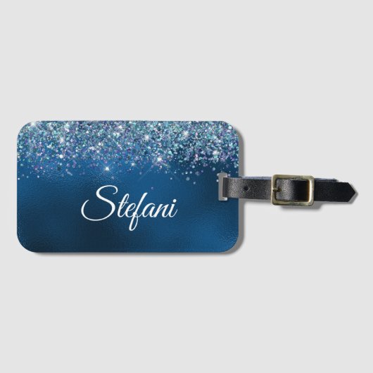 Glittery Royal Blue Foil Individueller Name Gepäckanhänger (Vorderseite (Horizontal))