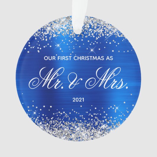 Glittery Royal Blue Foil Unser erstes Weihnachtsfe Ornament (Vorderseite)