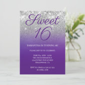 Glittery Royal Lila Silver Ombre Sweet 16 Einladung (Stehend Vorderseite)