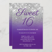 Glittery Royal Lila Silver Ombre Sweet 16 Einladung (Vorne/Hinten)
