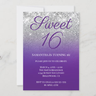 Glittery Royal Lila Silver Ombre Sweet 16 Einladung