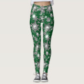 Glittery silbergrüne festliche Schneeflockenmuster Leggings (Vorderseite)