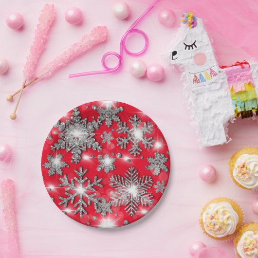 Glittery silberne festliche Schneeflockenmuster Pappteller (Party)