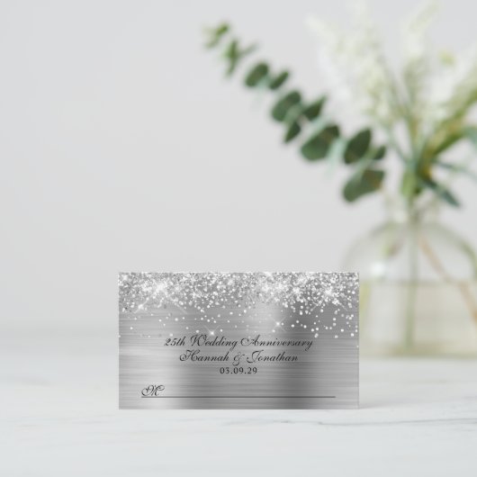 Glittery Silver 25. Hochzeitstag Platzkarte (Stehend Vorderseite)