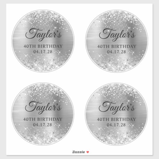 Glittery Silver 6" Circles 40 th Birthday Aufkleber (Blatt)