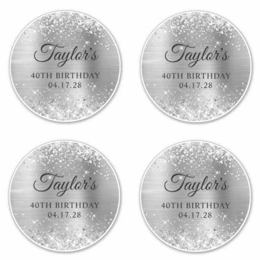 Glittery Silver 6" Circles 40 th Birthday Aufkleber (Vorderseite)