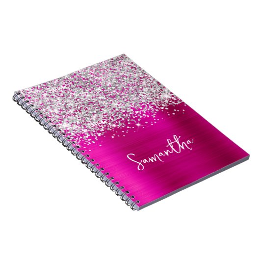 Glittery Silver and Hot Pink Glam Script Name Notizblock (Rechte Seite)
