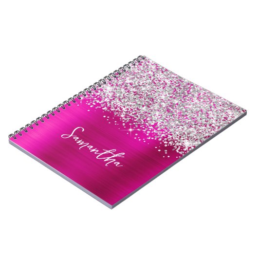 Glittery Silver and Hot Pink Glam Script Name Notizblock (Linke Seite)