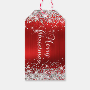 Glittery Silver and Red Foil Frohe Weihnachten Geschenkanhänger