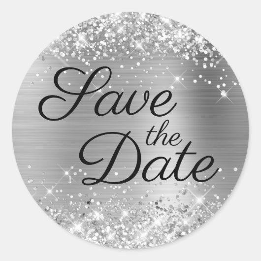 Glittery Silver Black Elegant Save the Date Runder Aufkleber (Vorderseite)