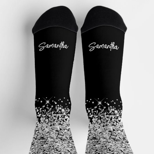 Glittery Silver Black Glam Pinselstrichname Socken (Oben)