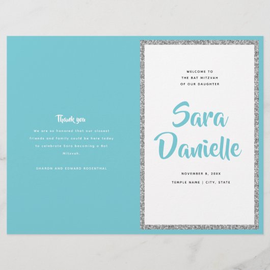 Glittery Silver & Blue Bat Mitzvah Faltprogramm Flyer (Vorne)
