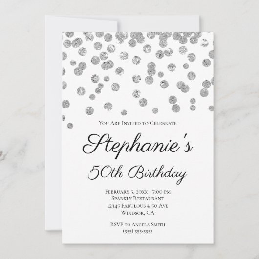 Glittery Silver Confetti Elegant 50. Geburtstag Einladung (Vorderseite)