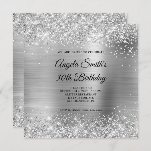 Glittery Silver Foil 30. Geburtstag Einladung (Vorne/Hinten)