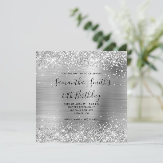 Glittery Silver Foil 40. Geburtstag Einladung (Stehend Vorderseite)